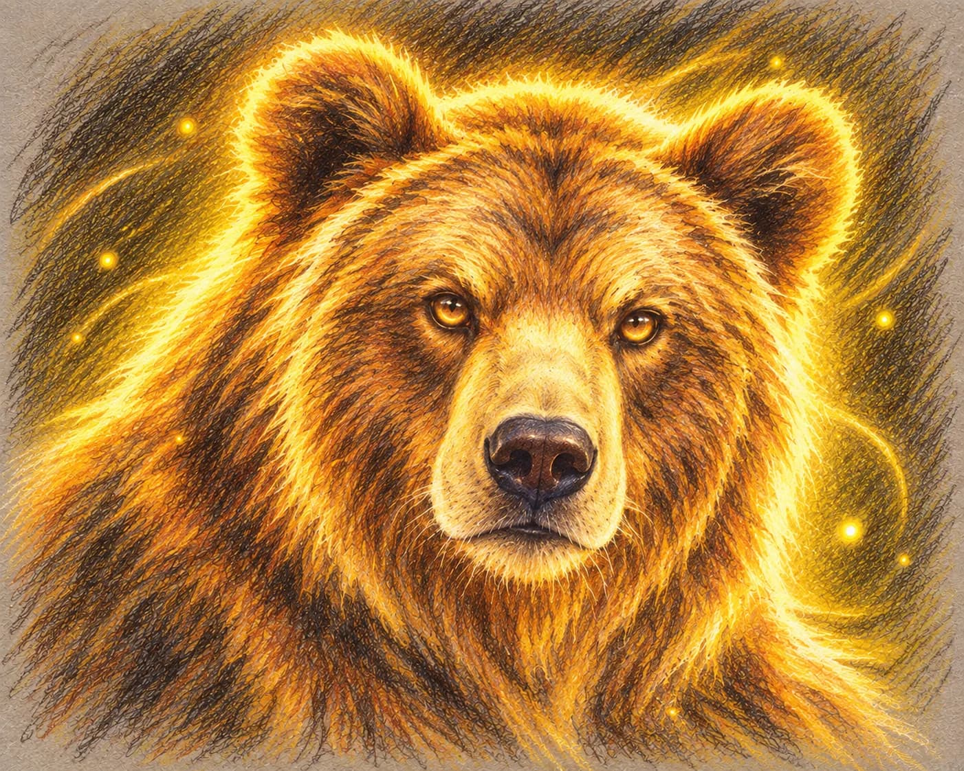 Glowing gold bear portrait in colored pencil