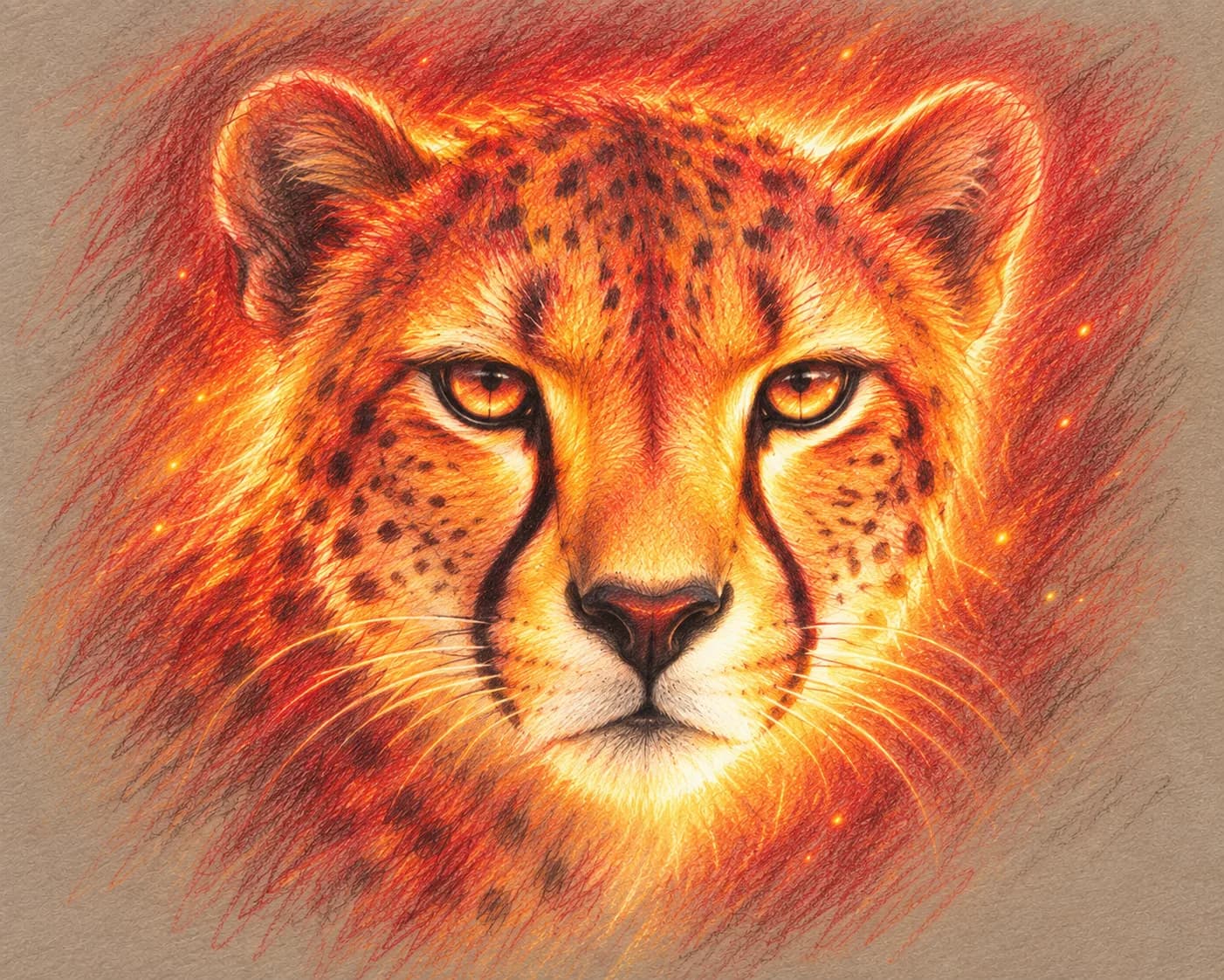 Glowing red-orange cheetah portrait in colored pencil