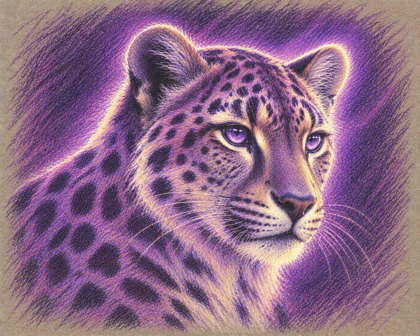 Glowing purple leopard portrait in colored pencil