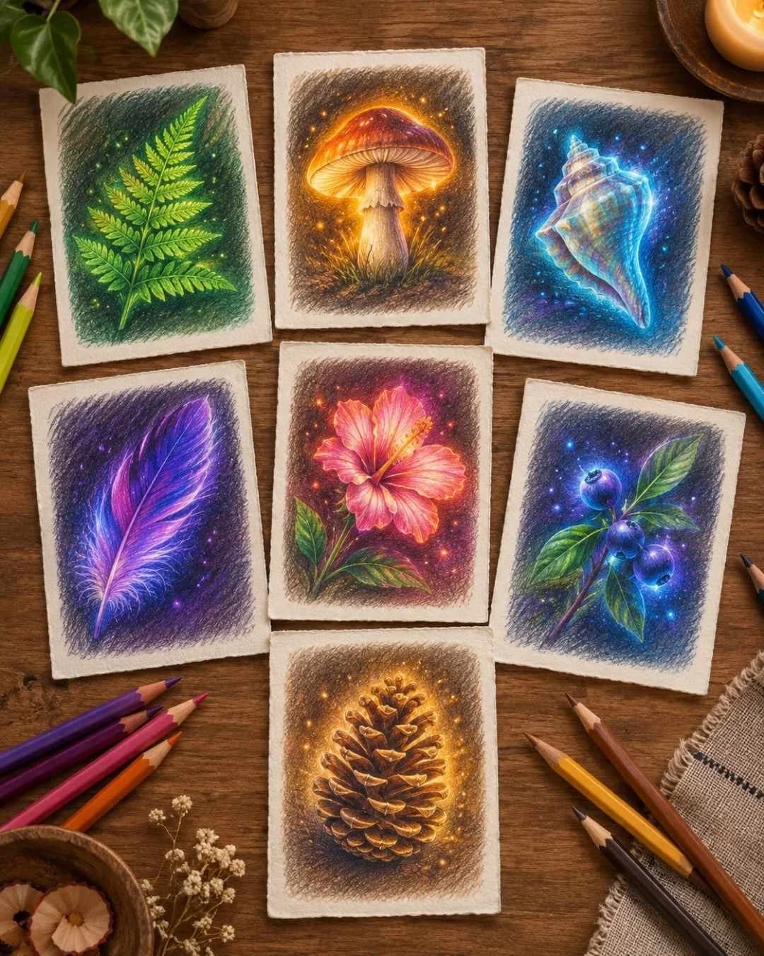Seven small glowing colored-pencil drawings: fern, mushroom, seashell, feather, hibiscus, blueberries, and pinecone