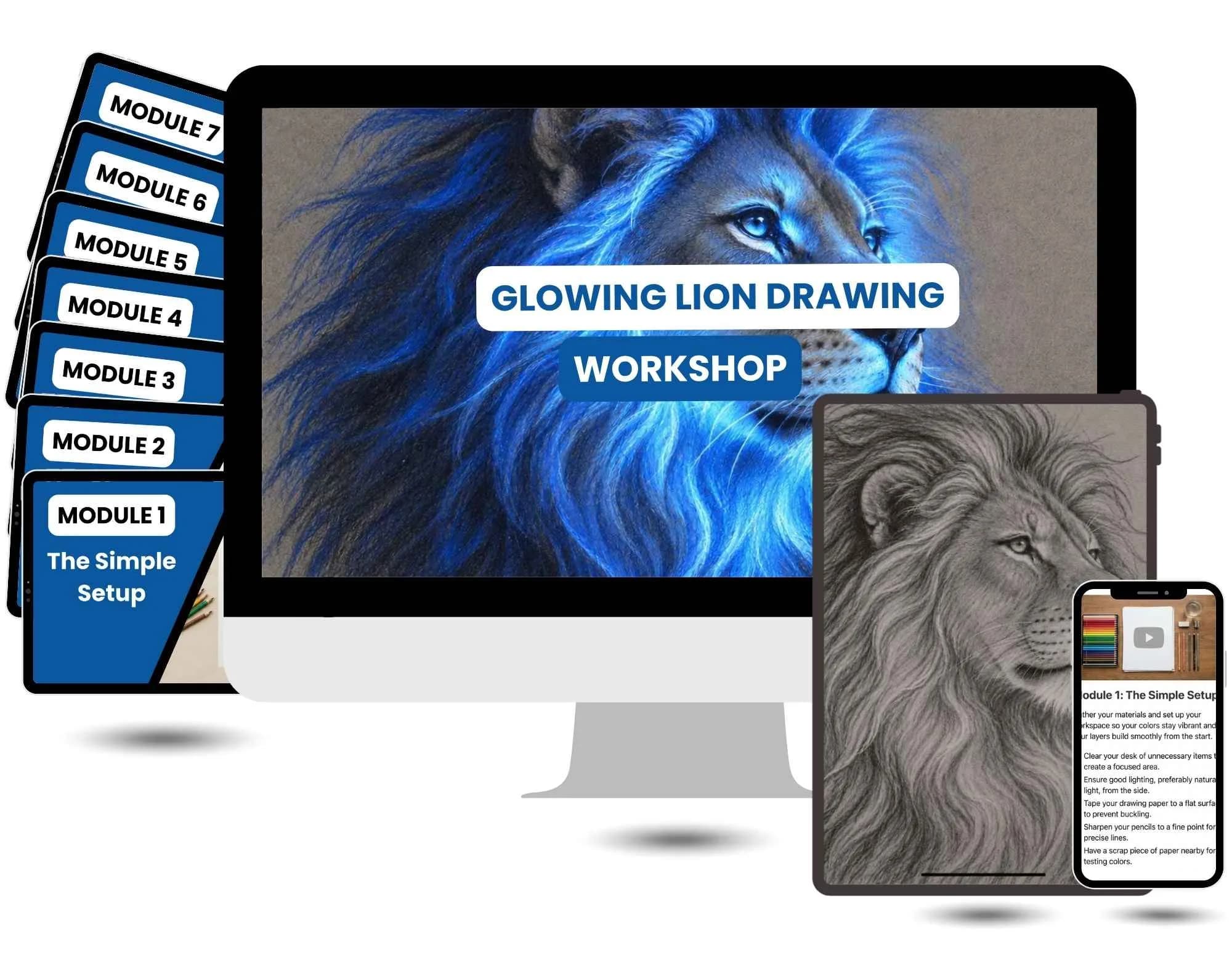 Glowing Lion Drawing Workshop shown across desktop, tablet, and phone
