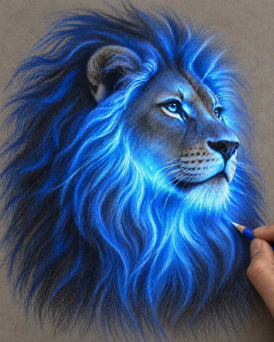 Finished glowing blue lion portrait drawn with colored pencils