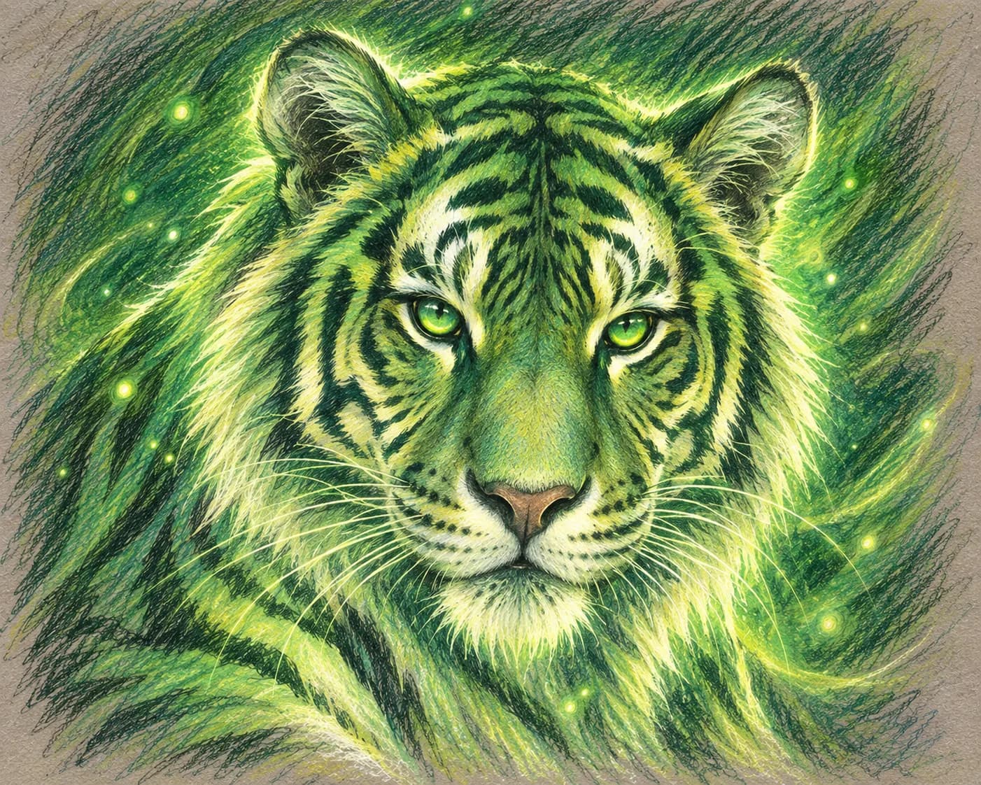 Glowing green tiger portrait in colored pencil